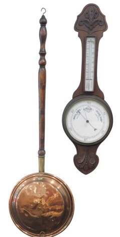 An early 20thC two dial banjo barometer, with 19cm diameter face, and a copper warming pan with turned handle. (2)