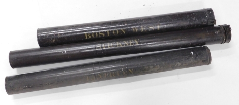 Three Lincolnshire related Ordnance Survey maps, each with a turned mahogany rail and a toleware or painted tin canister, for Stickney, Leverton and Boston West, the canisters, 69cm, 78cm, 84cm wide respectively.