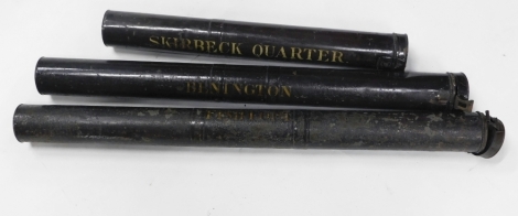 Three Lincolnshire related Ordnance Survey maps, each with a mahogany rail and a Toleware or painted tin canister, for Skilbeck Quarter, Bennington and Fishtoft, the cannisters, 58cm, 80cm, 89cm wide respectively.