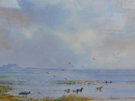 •Brian C. Day (b.1934). Heron and Mallard, watercolour, signed, 12cm x 24cm.