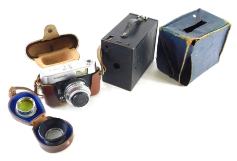 A Voigtlander Vito Camera, 8cm high, with Pronto-LK Voigtlander 2.8/50 lens, in brown leather case, and a box camera. (2)