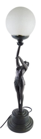 An Art Deco style table lamp, formed as a figure of a nude lady, with arm outstretched holding a crackle glass orb, on an inverted socle, with electrical feature, unmarked, 69cm high.