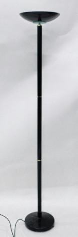 A retro uplighter, with dish shaped shade and cylindrical stem in black with gilt banding, modern electrical fitting, 183cm high.