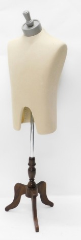 A tailor's mannequin torso, with head mount, on cylindrical stem and triple cabriole legs, 162cm high.