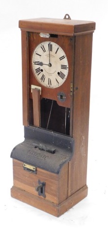 An early 20thC Time Recorders National time clock, booking in clock, with 23cm diameter Roman numeric dial, shaped front grill and articulated front handle, marked Parkway and Oxford Road Leeds, 99cm high, 38cm wide, 30cm deep. (AF)