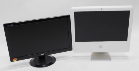 An I-Mac 20 inch monitor, in white trim, on metal stand, and a AOC 21 inch monitor in black trim. (2)