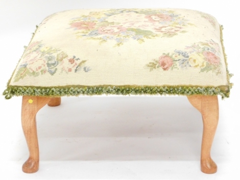 A beech square stool, with floral upholstery, 54cm wide.