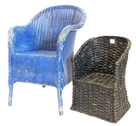 A deep green painted woven rattan child's chair, and a blue Lloyd Loom chair. (2)