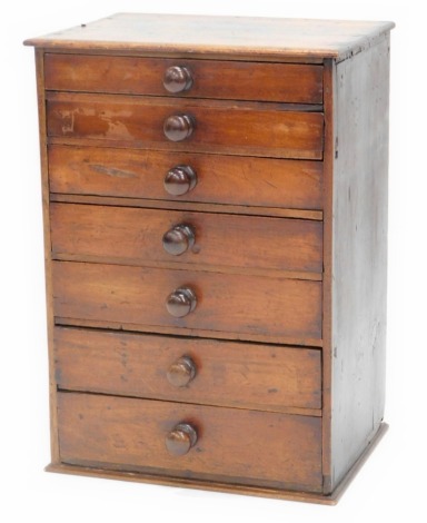 A 19thC mahogany and pine collectors chest, comprising six graduated drawers, each with turned wood handles, 54cm high, 39cm wide, with stand. 