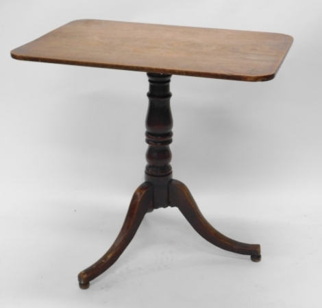 A 19thC mahogany occasional table, the rectangular tilt top on a turned column and tripod base, 73cm wide.