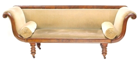 A Victorian mahogany show frame sofa, with brown upholstery, on turned legs with castors, 210cm wide.