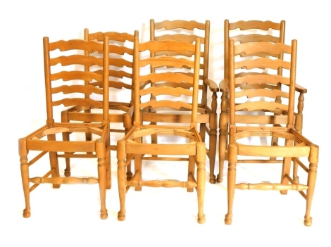 A set of six beech ladder back chairs, lacking seats, two with arms.