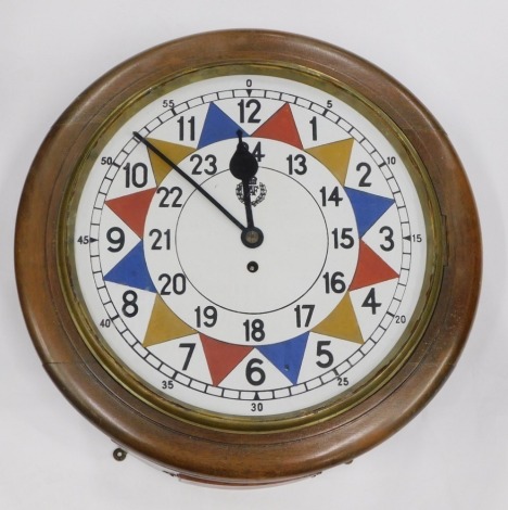 An RAF style sector clock, with painted dial, 35cm diameter Arabic dial, set with coloured triangular sections in yellow, blue and red, marked 'RAF', with a single fusee key wind movement in mahogany case, no Air Ministry marking present, 50cm diameter.