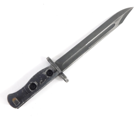 A short bayonet, with textured blade and turned metal handle, unmarked, 27cm long.