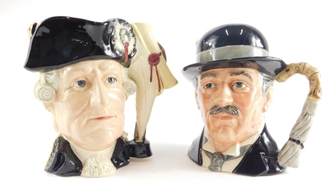 A Royal Doulton double sided character jug, the Antagonist Collection, The Siege Of York Town 1781, George III, and George Washington, and a Royal Doulton large character jug City Gent. (2)