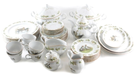 A Sellmann Weiden Bavarian part service, decorated with ducks, to include meat plate, 35cm wide, two others smaller, teapot, gravy boat, plates, cups, saucers, etc., printed marks beneath. (a quantity)