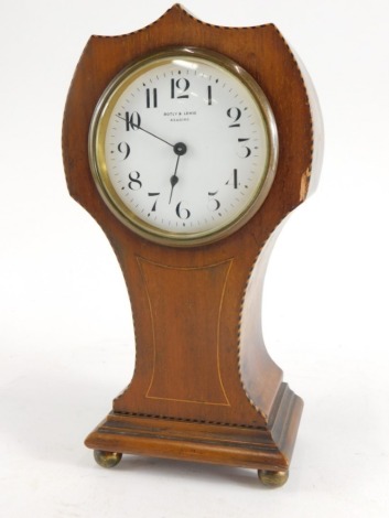 An early 20thC mahogany and inlaid balloon clock, with 8cm diameter Botley & Lewis Reading Arabic dial, on compressed orb feet, with keywind movement, the plate stamped R & Co Made In Paris, 25cm high.