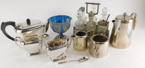 A collection of silver plated ware, including an Art Deco style three piece tea set, cruet stand, etc.