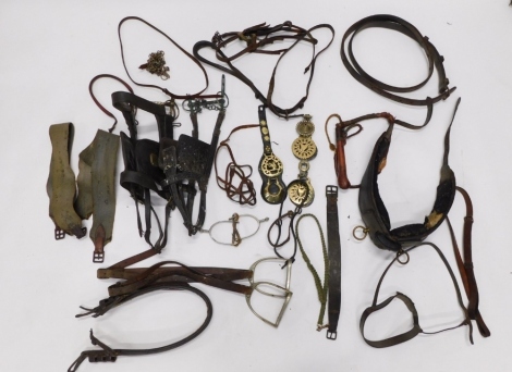 A comprehensive and interesting collection of various 19thC brassware, metalware, etc., a quantity of early martingales, to include squirrel horse brass, 11cm high, a quantity of various other horse tack, turned Eastern whip, with leather handle, various 