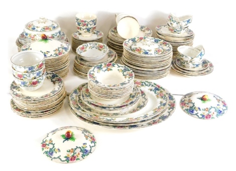 A comprehensive Booths Floradora dinner service, to include graduated meat plates, 42cm wide, etc., lidded tureen, soup bowls, plates, bowls, further plates, side plates, bread and butter plates, etc. (a quantity)