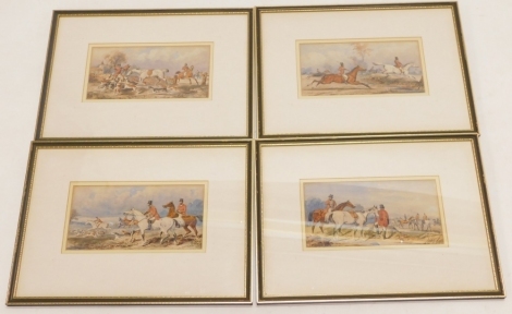 After Herring. 19thC English school, hunting scenes, set of four, watercolour, unsigned, label verso, 13cm x 24cm. (4)