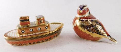 A Royal Crown Derby Treasures of Childhood, tug boat paperweight ornament and a further bird, one with stopper. (2)