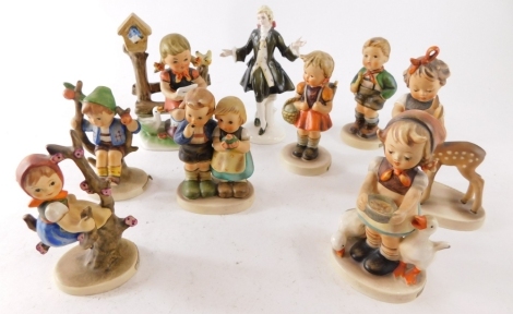 Various Goebel Hummel and other style figures, girl in a tree, 10cm high, Be Patient, printed marks beneath, etc., and a FEG figure of a Regency style gentleman dressed in finery. (a quantity)