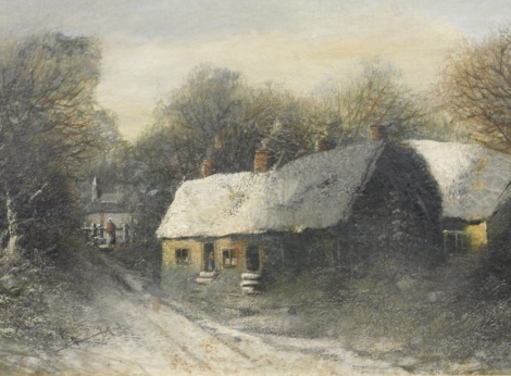 J. Davis (19thC School). Figure on a path aside cottage, with trees in the distance, winter landscape, oil on board, signed, 44cm x 81cm and another figure before windmill and cottage - pair (2).