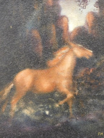 F.M. (20thC). Horse in a landscape, oil on board, initialled, 54cm x 36cm.