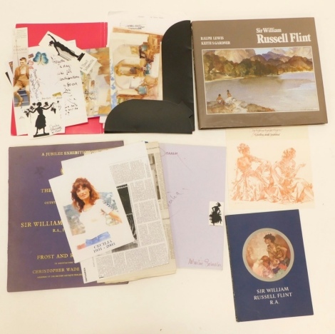 A quantity of Sir William Russell Flint and other ephemera, some signed pieces by Cecilia, hand signatures, various other hand written signatures, a Jubilee Exhibition catalogue of Flint, various other ephemera, books, etc. (a quantity)