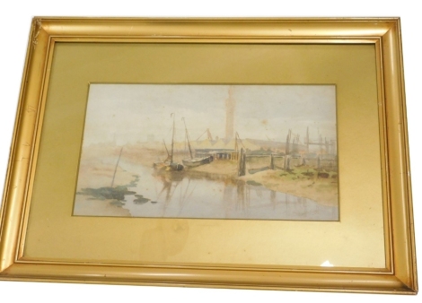 19thC School. Moored boats, watercolour, unsigned, S Bennett label verso, 19cm x 35cm.