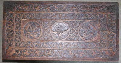 A 19thC and later carved oak occasional table, with rectangular top having stylised figures and Ho-ho bird, on adapted barley twist legs, 46cm high, 92cm wide, 48cm deep. - 2