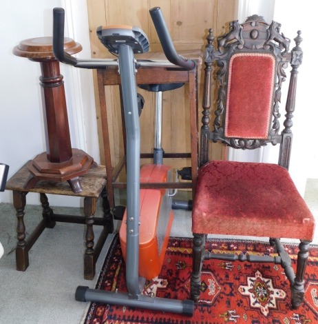 A Victorian oak dining chair, an Edwardian oak occasion table, mahogany jardiniere stand, joint stool, a body sculpture exercise cycling machine, and rug. (6) (illustrated coffee table is in lot 60)