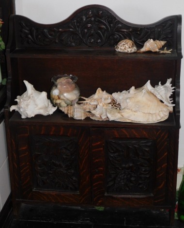 A 19thC carved oak hanging wall cabinet, with two shelves over two carved doors, 82cm high, 66cm wide.