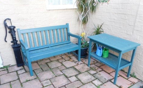 The residual contents of courtyard, including a pair of drain hoppers, two hayrack style planters, bulb planter, horses head, ring hanger, reproduction well head, hanging lantern, hanging planter, garden bench, table, lead style planter, kettle, drain hop