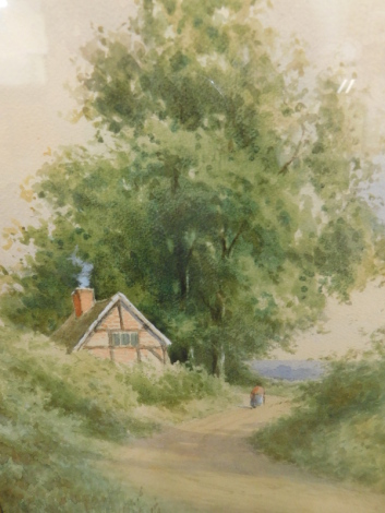 •Alfred Ashdown Box (1879-1927). Figure on a path with cottage and tree in the distance, watercolour, signed, 36cm x 25cm.