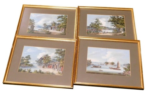 Four watercolours of scenes along the Canton River, with figures, buildings, boats, etc., oil on card, framed, 21cm x 29cm, original label to reverse 'number 16 A. Duncan Canton River artist Y. Ching Cheung? AD 1840.'.