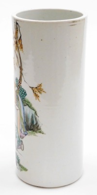 A Chinese cylindrical porcelain vase, decorated in coloured enamels with a bearded gentleman, figure with flowers, etc., hand painted script to front and indistinct mark in red to underside, 28cm high. - 2