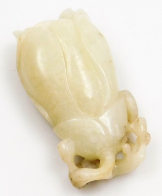 A Chinese white jade carving of a flower, 6.5cm high, together with a jade and white metal paper clip of gourd form, with engraved decoration, 7cm wide. (2) - 2