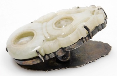 A Chinese white jade carving of a flower, 6.5cm high, together with a jade and white metal paper clip of gourd form, with engraved decoration, 7cm wide. (2) - 6