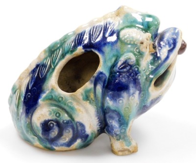 A Chinese pottery vase, modelled in the form of a seated toad, with blue and green mottled glaze, 19cm long. - 4