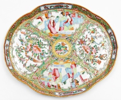 A 19thC Chinese Canton decorated cabaret part tea set, the shaped tray decorated with figures within scroll borders in pink, blue, and green, picked out in gilt, a teapot and two bowls, the tray 27cm diameter. - 2