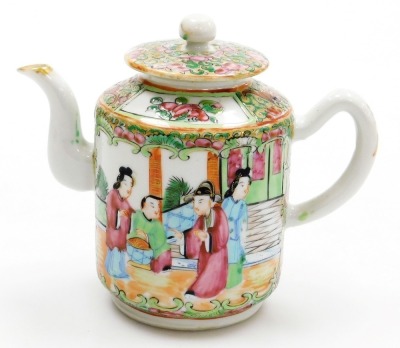 A 19thC Chinese Canton decorated cabaret part tea set, the shaped tray decorated with figures within scroll borders in pink, blue, and green, picked out in gilt, a teapot and two bowls, the tray 27cm diameter. - 7