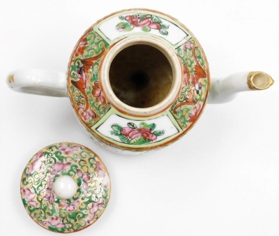 A 19thC Chinese Canton decorated cabaret part tea set, the shaped tray decorated with figures within scroll borders in pink, blue, and green, picked out in gilt, a teapot and two bowls, the tray 27cm diameter. - 9