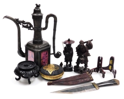 A collection of Oriental items, to include a lacquer box and cover, two figural carvings, a small souvenir knife with brass and wooden handle, and a bronzed finish metal coffee pot with printed panels to the four sided base, 29cm high. (a quantity)