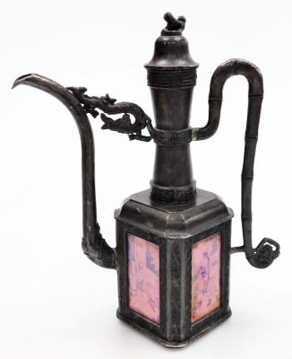 A collection of Oriental items, to include a lacquer box and cover, two figural carvings, a small souvenir knife with brass and wooden handle, and a bronzed finish metal coffee pot with printed panels to the four sided base, 29cm high. (a quantity) - 4