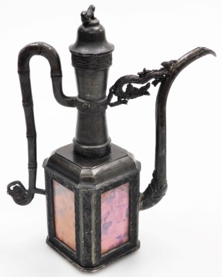 A collection of Oriental items, to include a lacquer box and cover, two figural carvings, a small souvenir knife with brass and wooden handle, and a bronzed finish metal coffee pot with printed panels to the four sided base, 29cm high. (a quantity) - 5