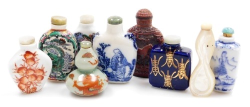 A collection of Chinese porcelain and other snuff bottles, decorated with dragons, flowers, etc. (a quantity)