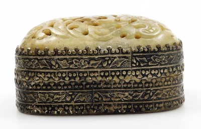 Two similar Chinese porcelain soapstone seals, each with a carved dog of fo finial, in fitted box, and a soapstone and silver coloured metal box and cover, 9cm wide, and a similar box with coloured glass cabochon. (4) - 3