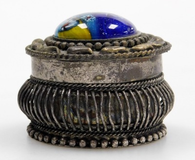 Two similar Chinese porcelain soapstone seals, each with a carved dog of fo finial, in fitted box, and a soapstone and silver coloured metal box and cover, 9cm wide, and a similar box with coloured glass cabochon. (4) - 7